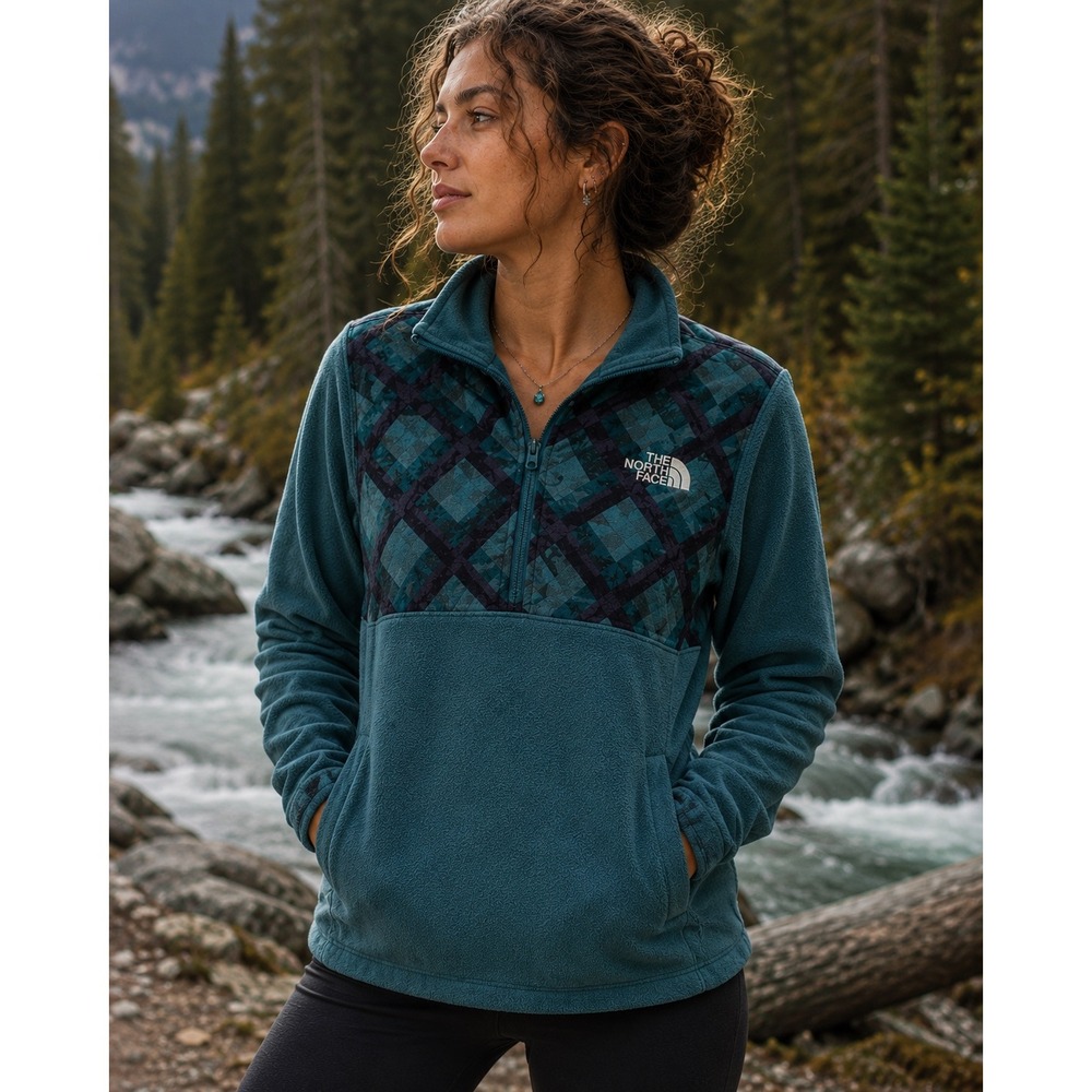 The North Face Womens Teal Geometric Print Quarter Zip Fleece Pullover Medium